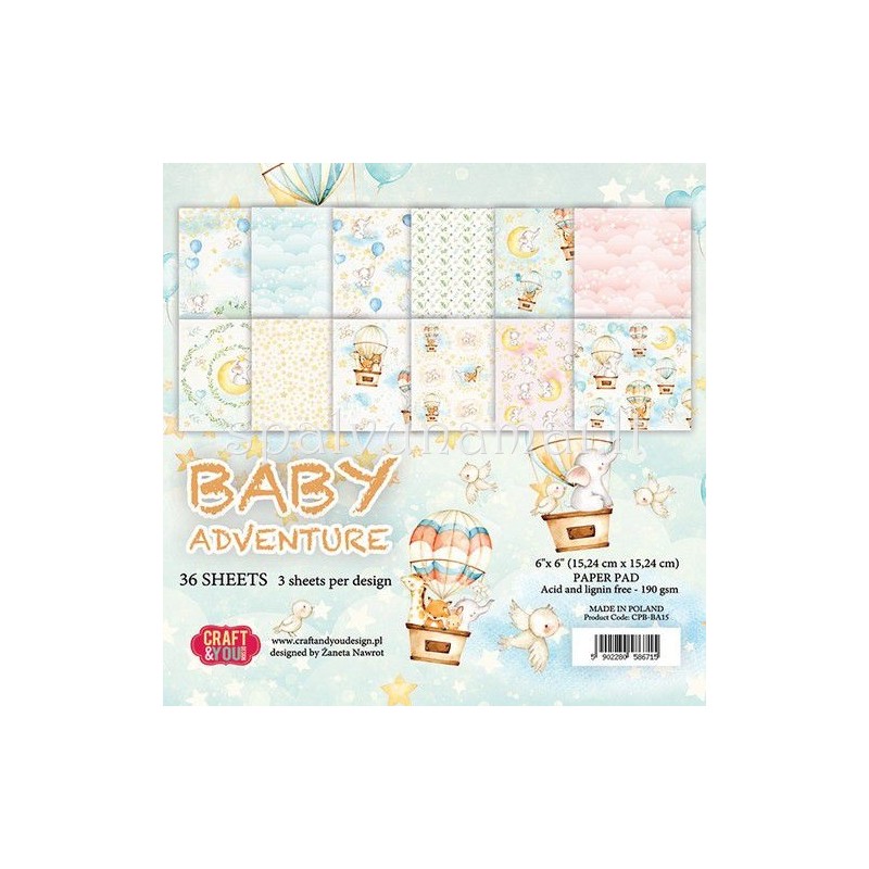 Popieriaus rinkinys "Baby Adventure", 15x15cm, 36 lapai